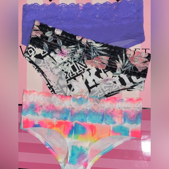 3 Victoria’s Secret Pink Panties bundle cotton PINK lace hipster neon tie dye - Picture 1 of 5